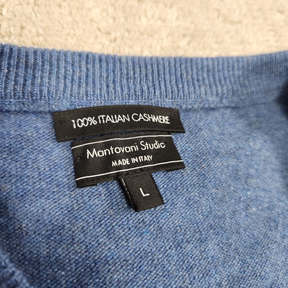 Mantovani Studio Sweater Men Large 100% Italian Cashmere V Neck Blue Luxury - Picture 3 of 7